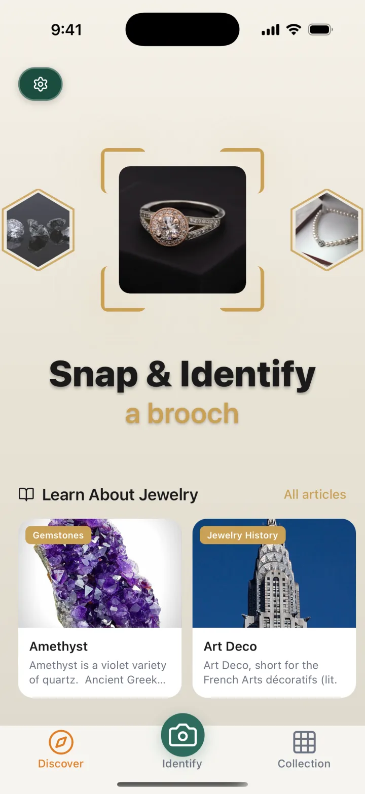 Jewelry Identifier home screen: snap a photo of a ring to identify it