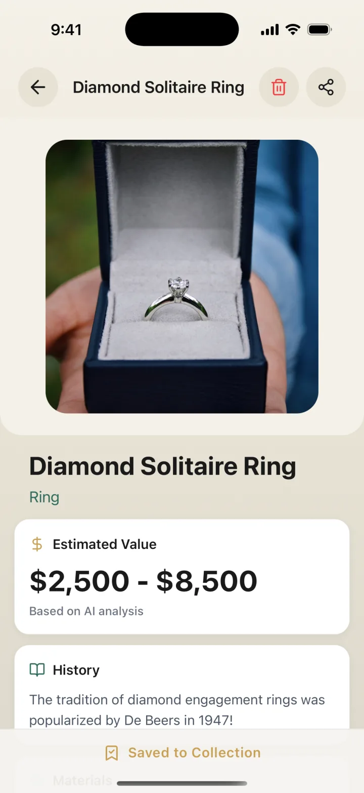 Jewelry Identifier result for a diamond solitaire ring with its estimated value