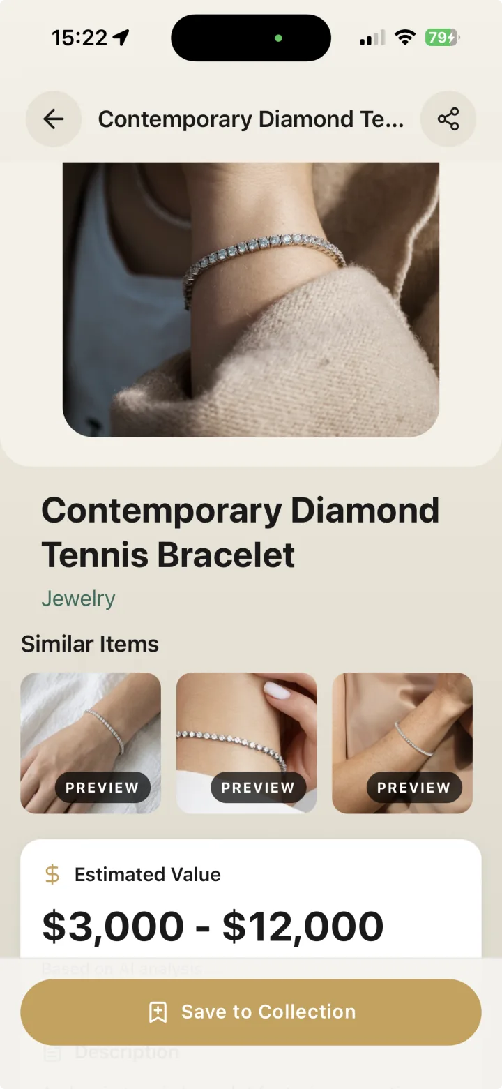 Jewelry Identifier showing similar pieces and the value range of a diamond tennis bracelet