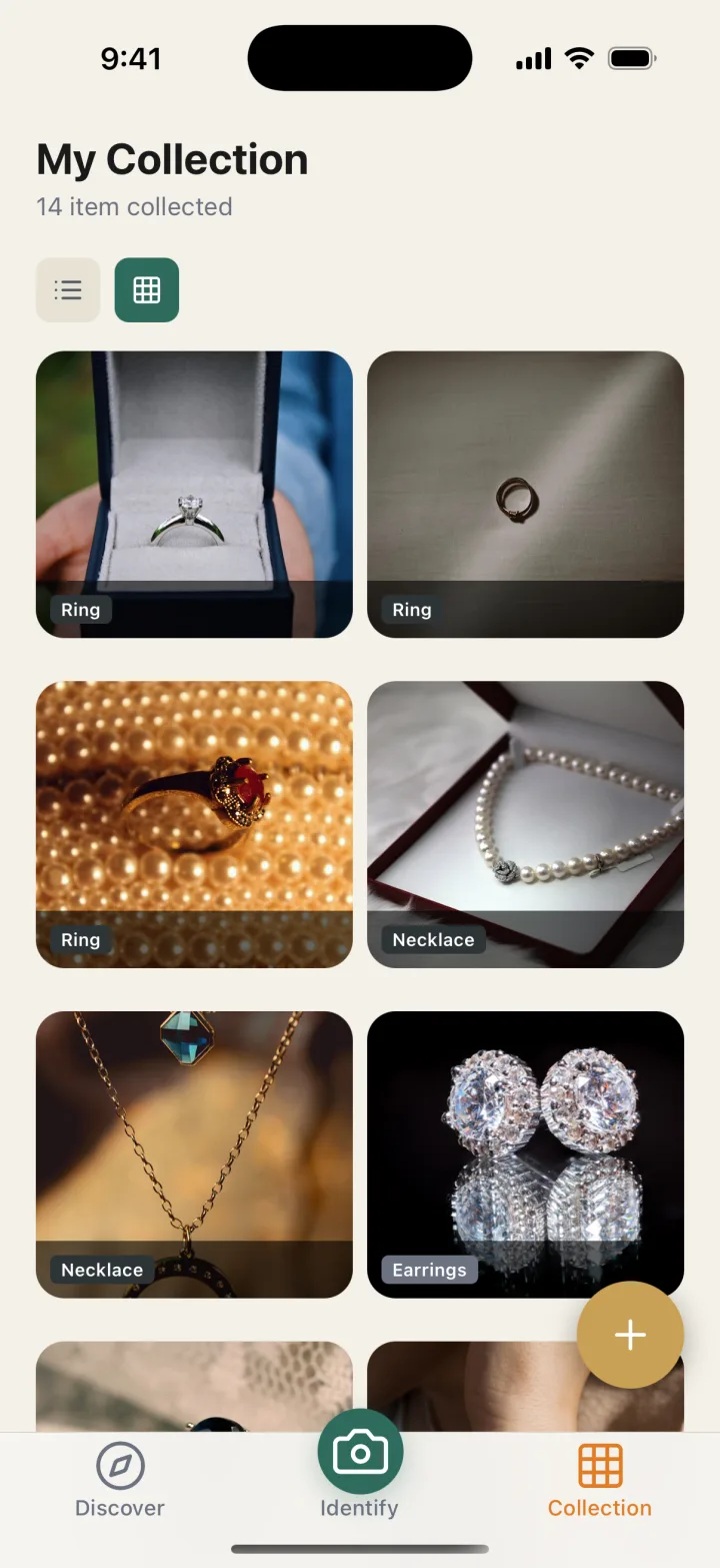 A jewelry collection organised in the Jewelry Identifier vault